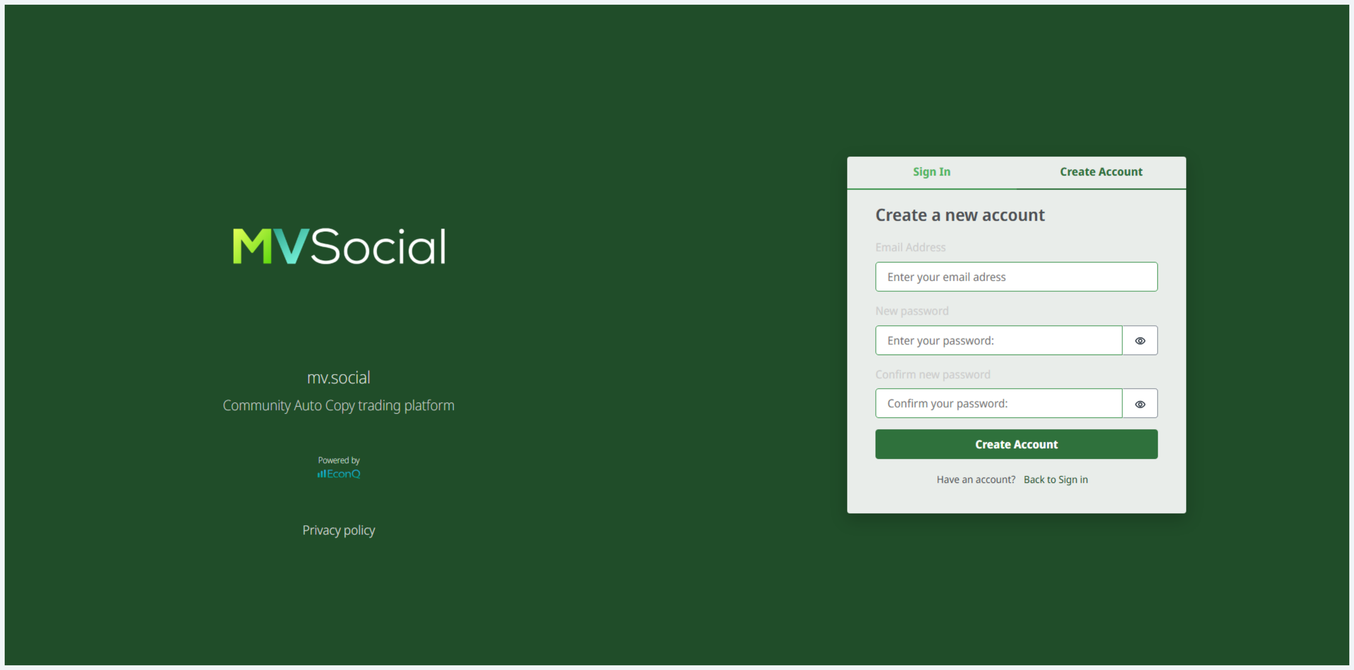 MV Social Create Account screen